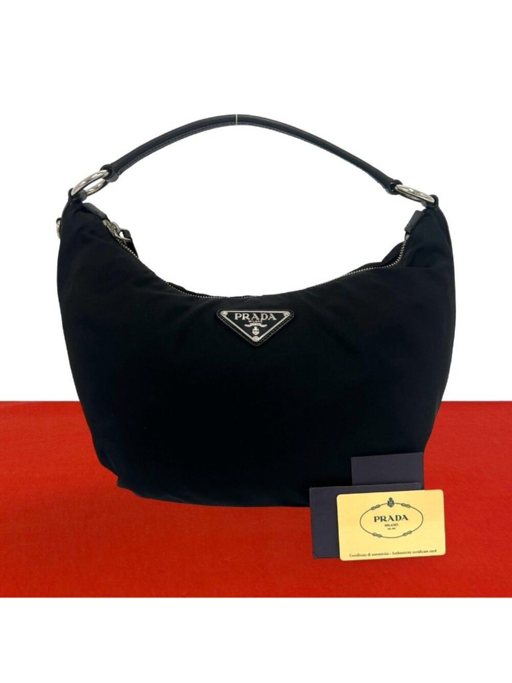 Prada Triangle Logo Tessuto Pocono Nylon Saffiano Leather Shoulder Bag Black